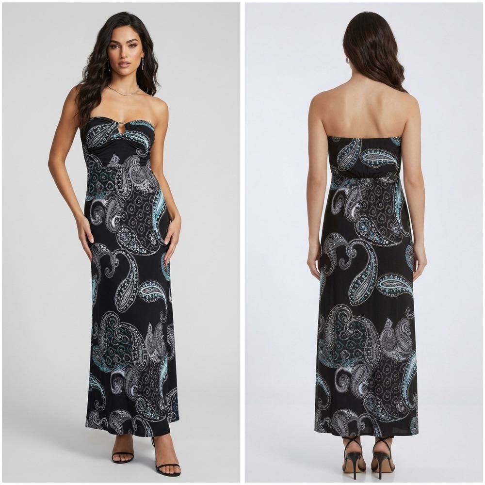 White House Black Market Paisley Strapless O-Ring Maxi Dress Black Turquoise M